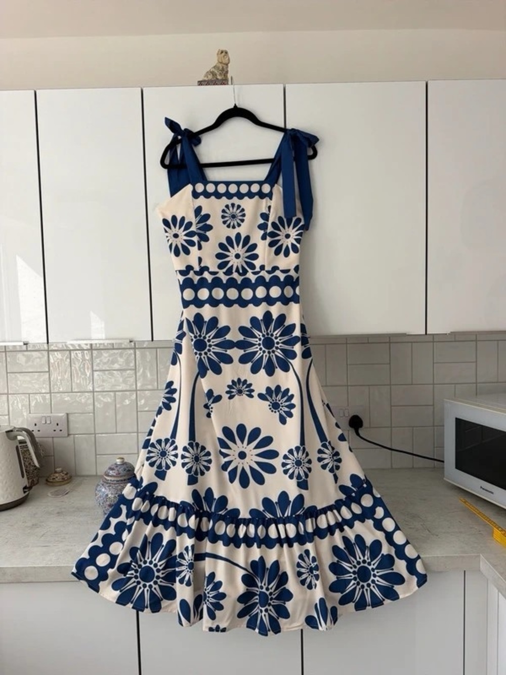 Tie-Shoulder Floral Midi Dress in Cream and Blue